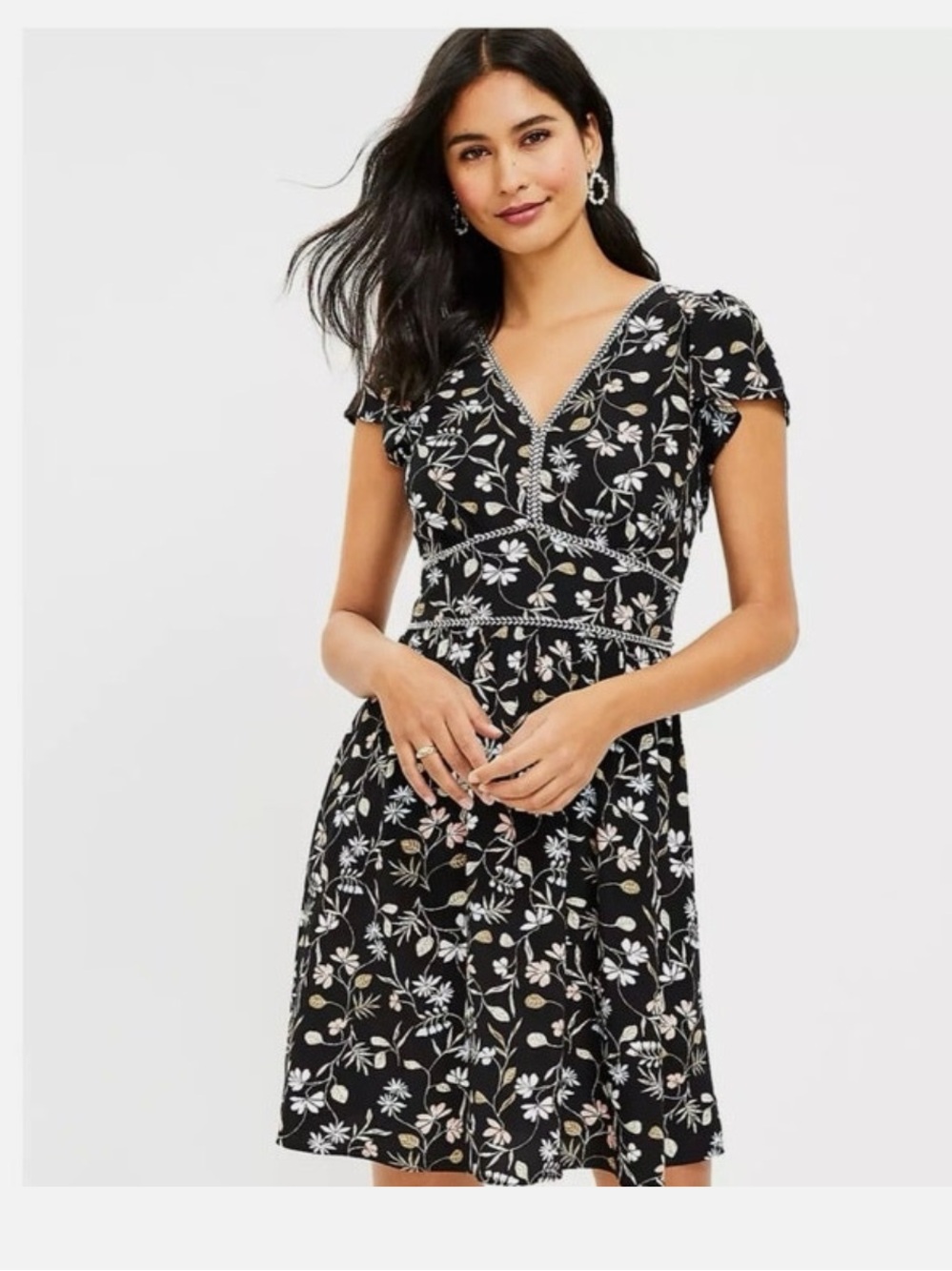 LOFT Floral Stitched Trim Flutter V-Neck Dress
